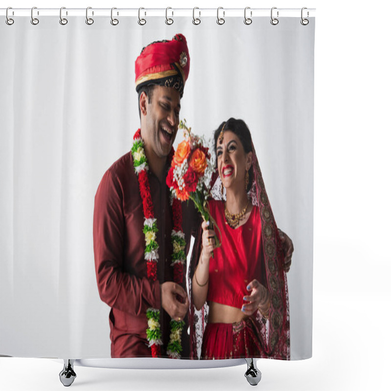 Personality  Cheerful Indian Man In Turban Looking At Bride In Sari With Bouquet Of Flowers Isolated On Grey Shower Curtains