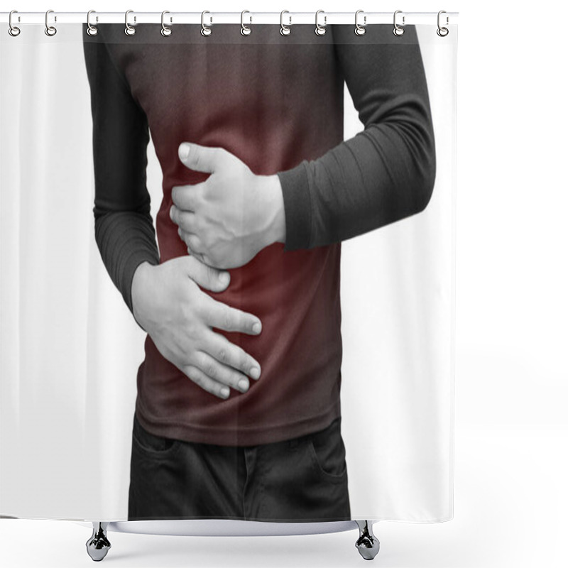 Personality  The Man Has A Stomach Ache, He Holds On To It. Red Spot At The Site Of Abdominal Pain. Photo Horizontal Isolated Black And White Shower Curtains