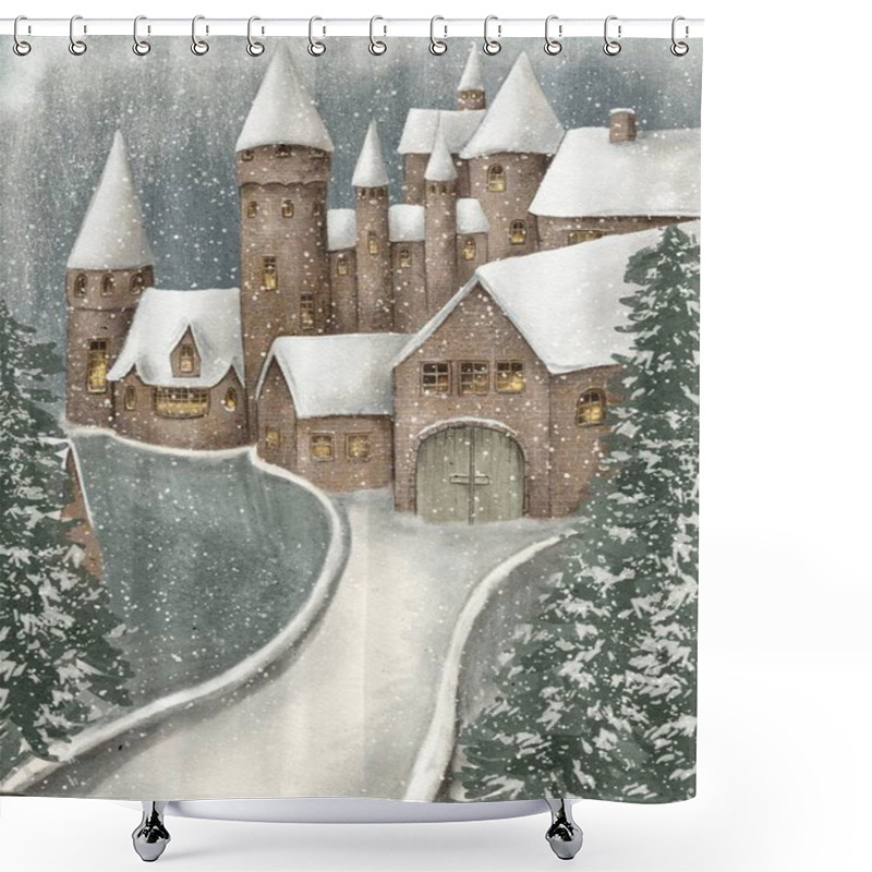 Personality  Illustration Of A Fairytale Castle In Winter In The Snow, Christmas Card Shower Curtains