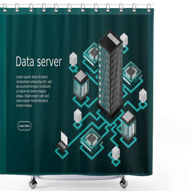 Personality  Concept Of Data Network Management .Vector Isometric Map With Business Networking Servers Computers And Devices.Cloud Storage Data And Synchronization Of Devices. 3d Isometric Style Shower Curtains