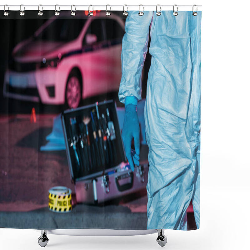 Personality  Cropped Image Of Male Male Criminologist In Protective Suit Standing Near Case With Investigation Tools At Crime Scene  Shower Curtains