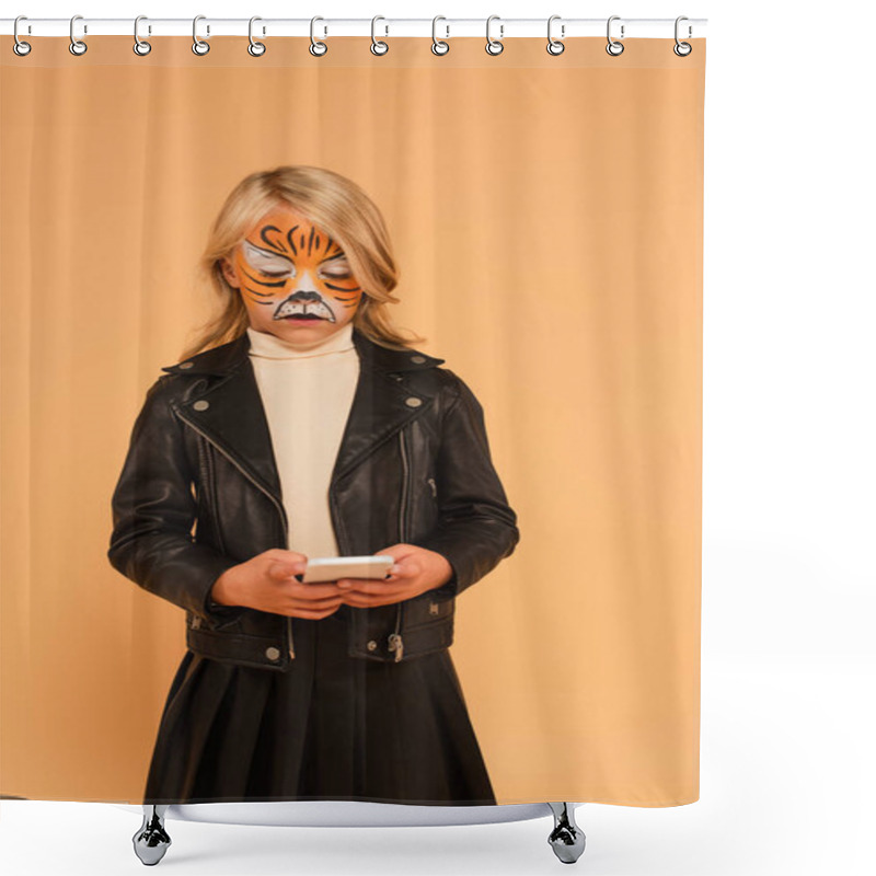 Personality  Kid In Black Leather Jacket And Tiger Makeup Chatting On Smartphone Isolated On Beige Shower Curtains