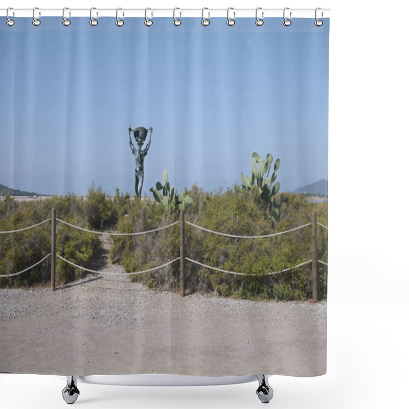 Personality  Ibiza, Spain - August 31, 2019  : Salt Workers Statue At Parc Natural De Ses Salinas Shower Curtains