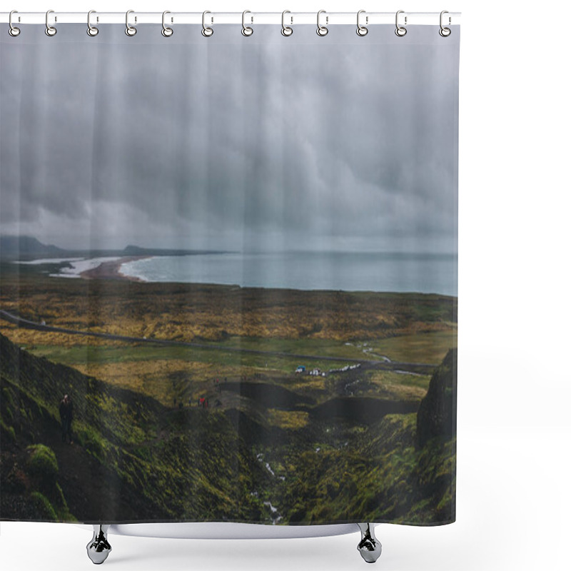 Personality  ICELAND - 22 JUNE 2018: Scenic With Of Icelandic Coast And Green Valley With Crowd Of Tourists Shower Curtains