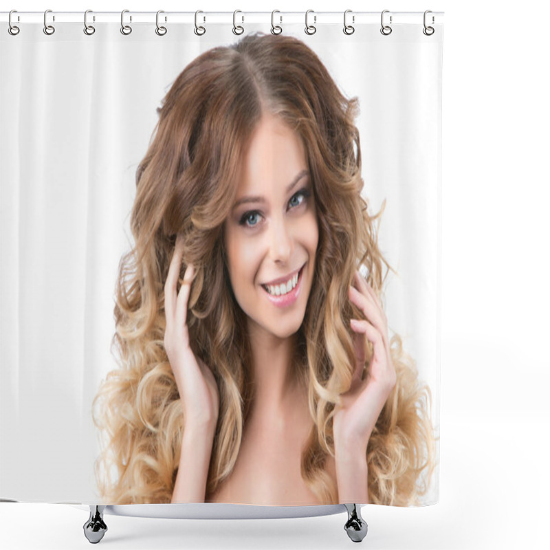 Personality  Portrait Of Beautiful Young Smiling Girl With Luxuriant Hair Curling. Health And Beauty. Shower Curtains