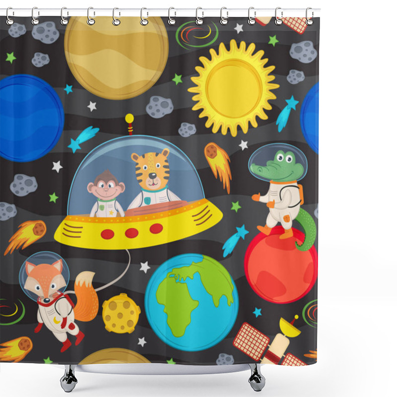 Personality  Seamless Pattern With Spacecraft And Animals  Shower Curtains