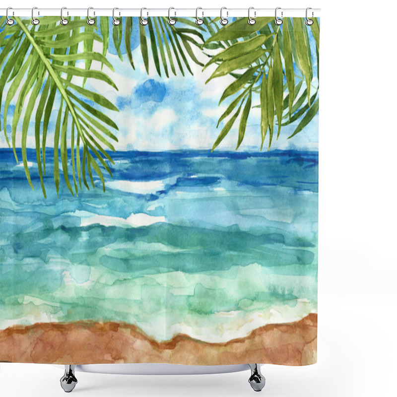 Personality  Hand Drawn Beach View. Watercolour Sea, Sky And Tropical Leaves. Summer Seaside Background. Shower Curtains