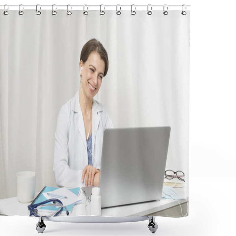 Personality  Portrait Of A Smiling Female Doctor Advising Patient By Video Call In Online Chat On Computer Screen. The Doctor Contacts The Client At The Conference, Talks On The Laptops Webcam. Shower Curtains