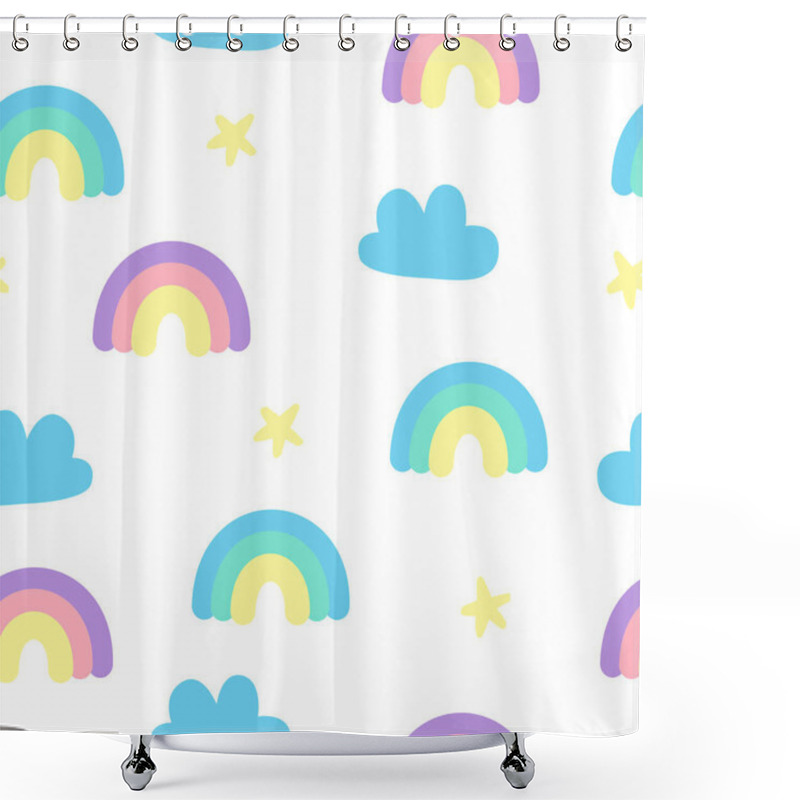 Personality  Pastel Fluffy Cute Rainbow And Clouds Sky Seamless Pattern Shower Curtains