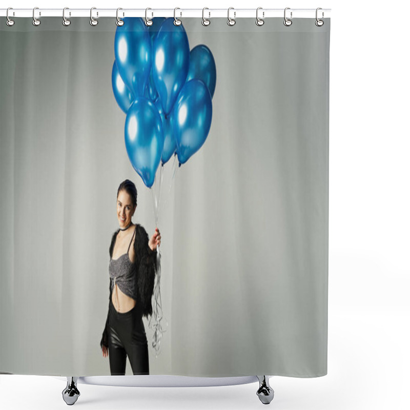 Personality  A Stylish Young Woman, The Birthday Girl, Smiling While Holding A Bunch Of Vibrant Blue Balloons. Shower Curtains