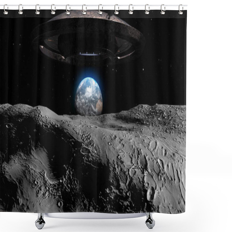 Personality  3d Rendering-Flying Saucer Ufo Heading Toward Earth From The Moon Shower Curtains