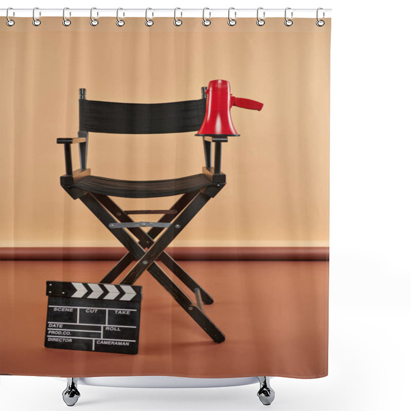 Personality  Director Chair Stands Tall, Adorned With A Megaphone And Clapper Board, Cinematography Concept Shower Curtains