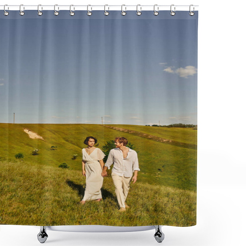 Personality  Rural Romance, Stylish Multiethnic Newlyweds Holding Hands And Walking On Green Field Under Blue Sky Shower Curtains