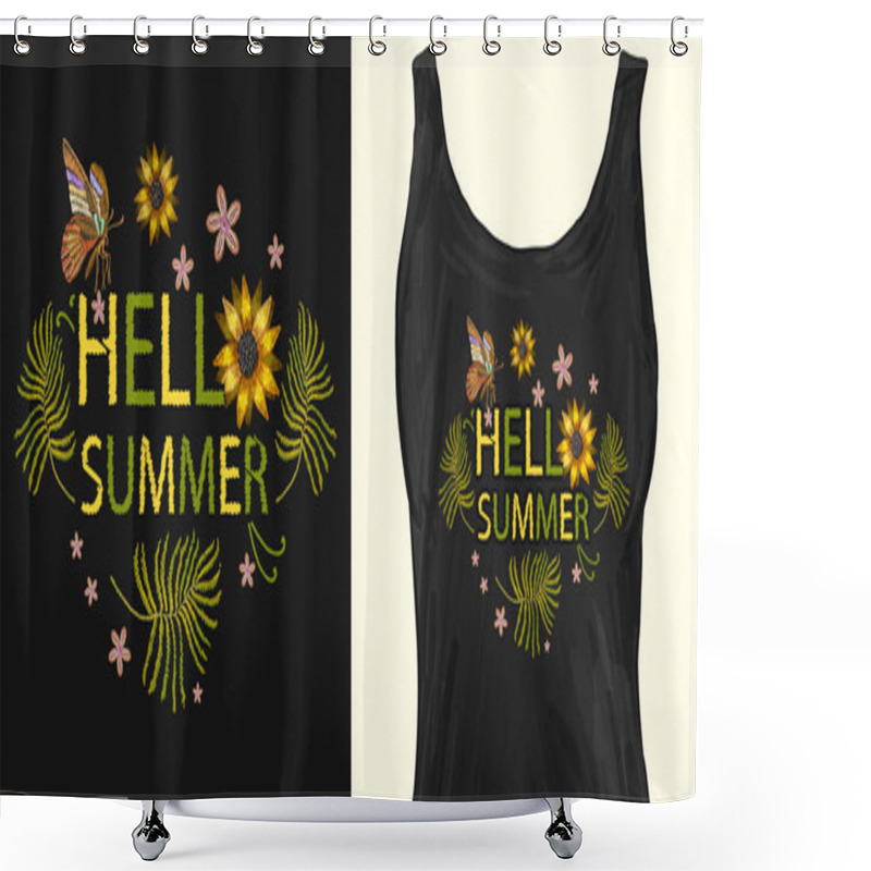 Personality  Embroidery Flowers. Hello Summer Slogan. Trendy Apparel Design Shower Curtains