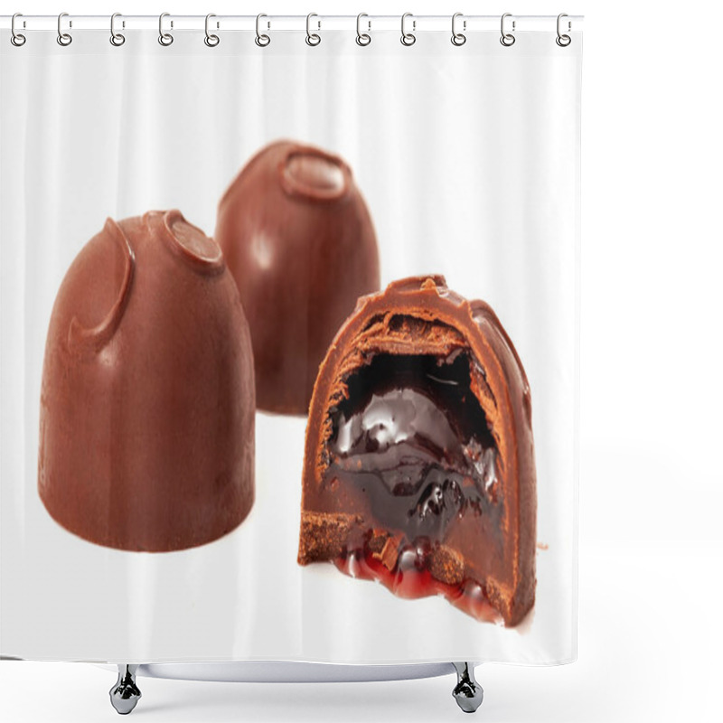 Personality  Sweet Temptation Conceptual Idea With Chocolate Covered Cherries Or Cordials Isolated On White Background Shower Curtains