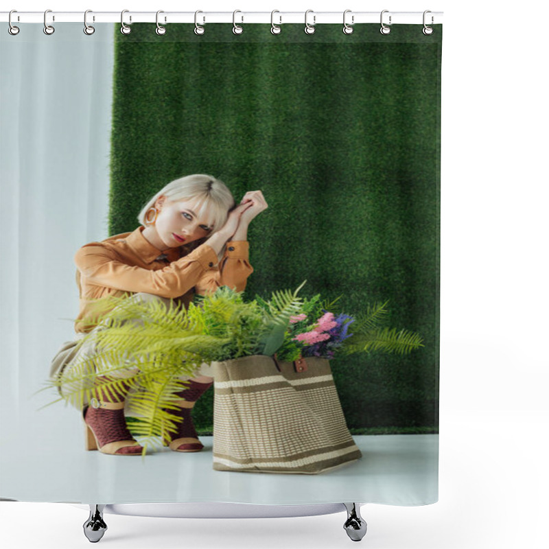 Personality  Beautiful Fashionable Girl Posing Near Bag With Fern And Flowers On White With Green Grass  Shower Curtains