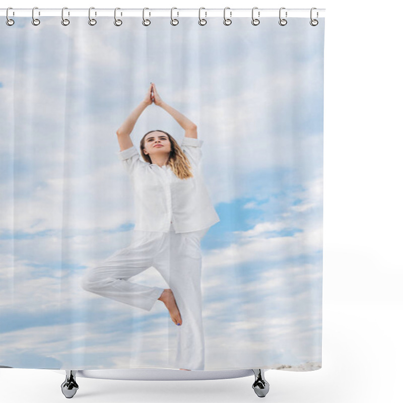 Personality  Fit Young Woman Practicing Yoga In Tree Pose While Standing On Sand Dune Shower Curtains