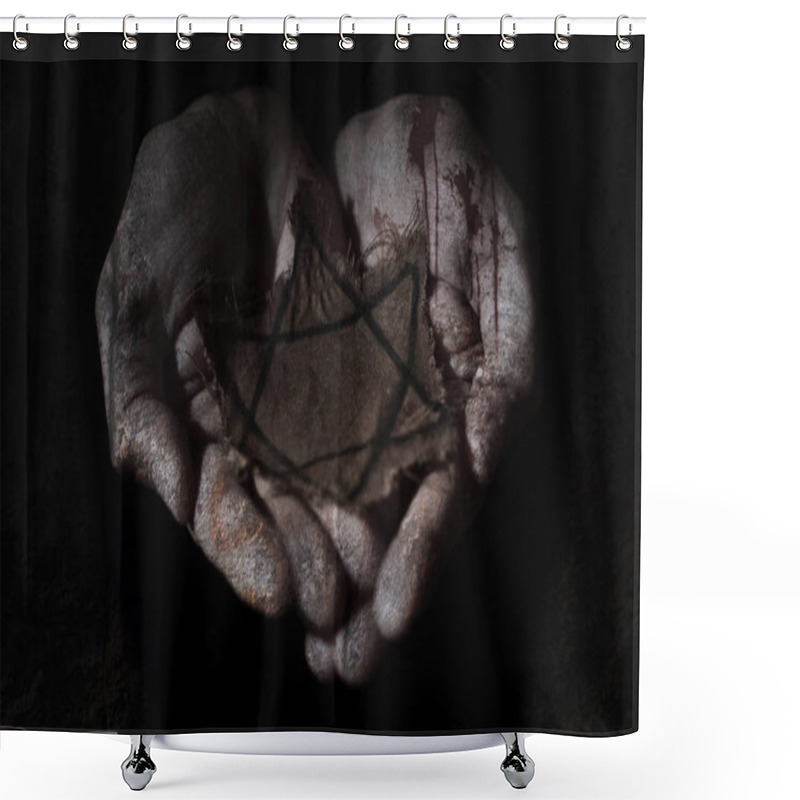 Personality  Closeup Of A Ragged Jewish Badge In The Hands Of A Man, With A Dramatic Effect Shower Curtains