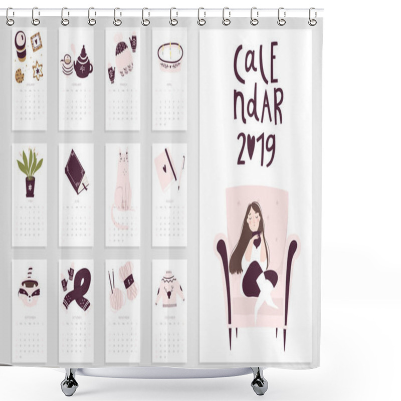 Personality  Calendar 2019 With Hand Drawn Hygge Elements. Cozy Illustrations Of Girl Sitting In Armchair, Flowers, Clothes Ets. Stock Vector. Pink Purple White Shower Curtains