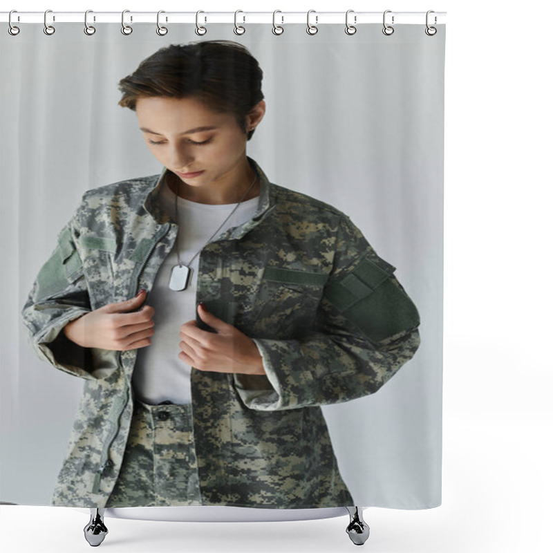 Personality  Female Soldier Prepares For Military Service In A Studio Setting. Shower Curtains