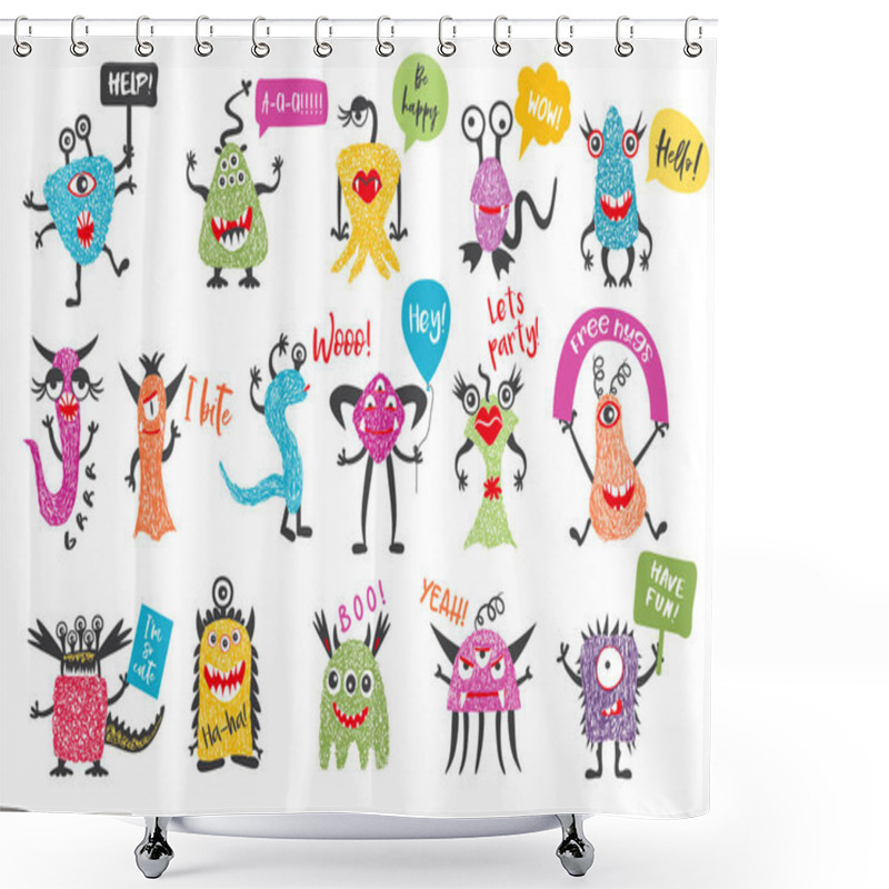 Personality  Hand Drawn Monster Set With Speech Bubbles, Isolated On A White Background, Cartoon Monsters, Doodle Style, Vector Illustration. Shower Curtains