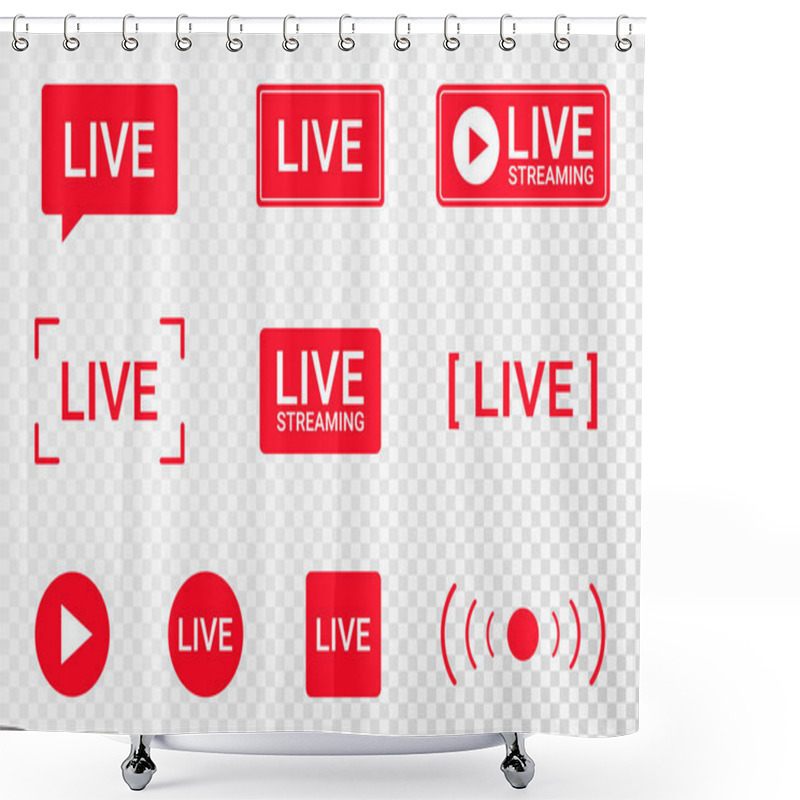 Personality  Set Of Live Streaming Icons. Red Symbols And Buttons Of Live Streaming, Broadcasting, Online Stream. Lower Third Template For TV, Shows, Movies And Live Performances. Vector Shower Curtains