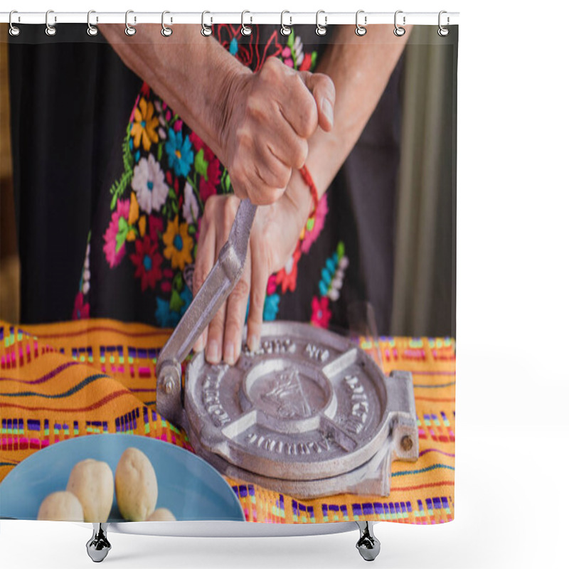 Personality  Mexican Tortillas Handmade: Woman With Traditional Clothes Pressing Tortilla Press In Mexico Shower Curtains