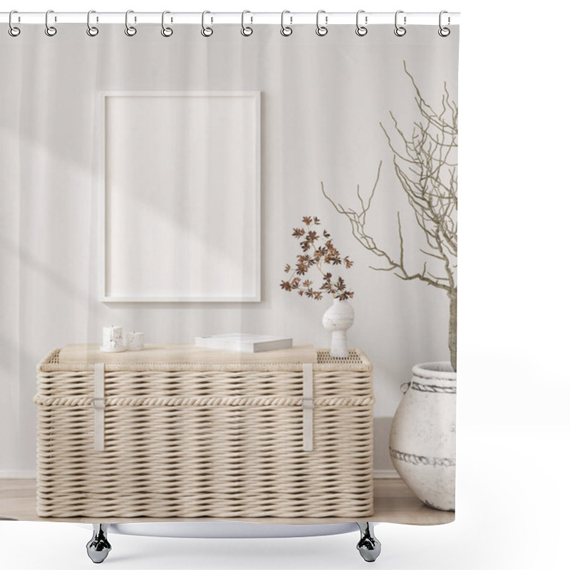 Personality  Mockup Frame In Farmhouse Living Room Interior, 3d Render Shower Curtains