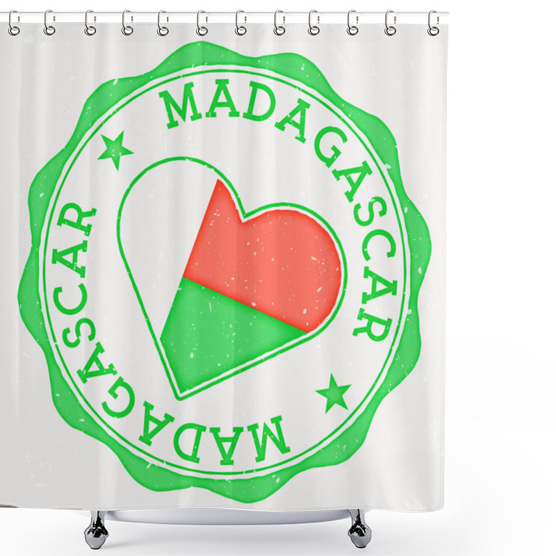 Personality  Madagascar Heart Flag Logo. Country Name Text Around Madagascar Flag In A Shape Of Heart. Radiant Vector Illustration. Shower Curtains