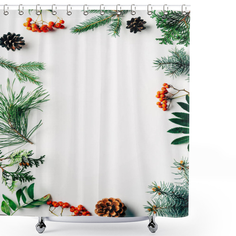 Personality  Flat Lay With Winter Arrangement Of Pine Tree Branches, Cones And Sea Buckthorn On White Backdrop Shower Curtains