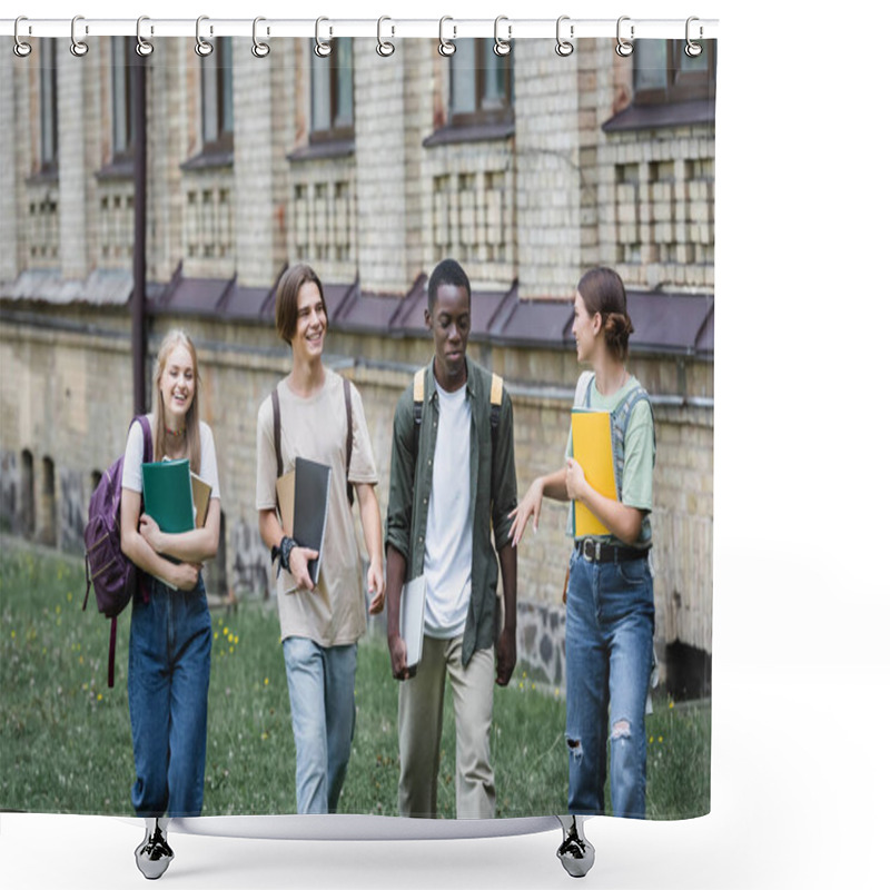 Personality  Smiling Interracial Students With Laptop And Notebooks Walking Near Friend Outdoors  Shower Curtains