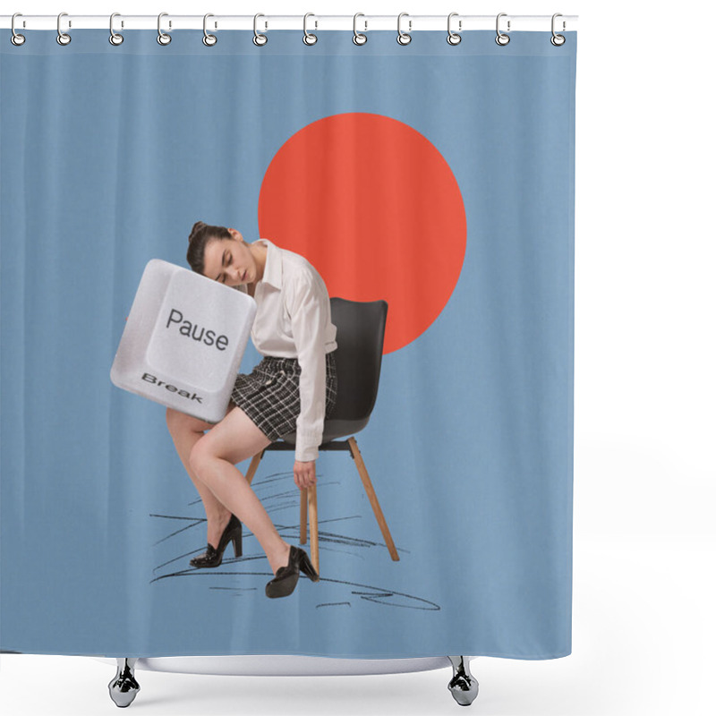 Personality  Contemporary Art Collage. Creative Design. Young Woman, Employee Sleeping On Big Keyboard Element Of Pause. Break. Concept Of Business, Symbolism, Modern Technologies, Imagination And Inspiration Shower Curtains