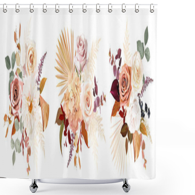 Personality  Rust Orange, Beige, White Rose, Burgundy Anthurium Flower, Pampas Grass, Fern, Dried Palm Leaves Vector Design Bouquets.Trendy Flowers. Gold, Brown, Rust, Taupe. Elements Are Isolated And Editable Shower Curtains