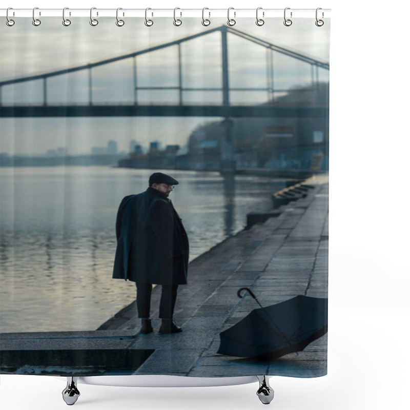 Personality  Handsome Middle Aged Man Looking At Umbrella Lying On River Shore Shower Curtains