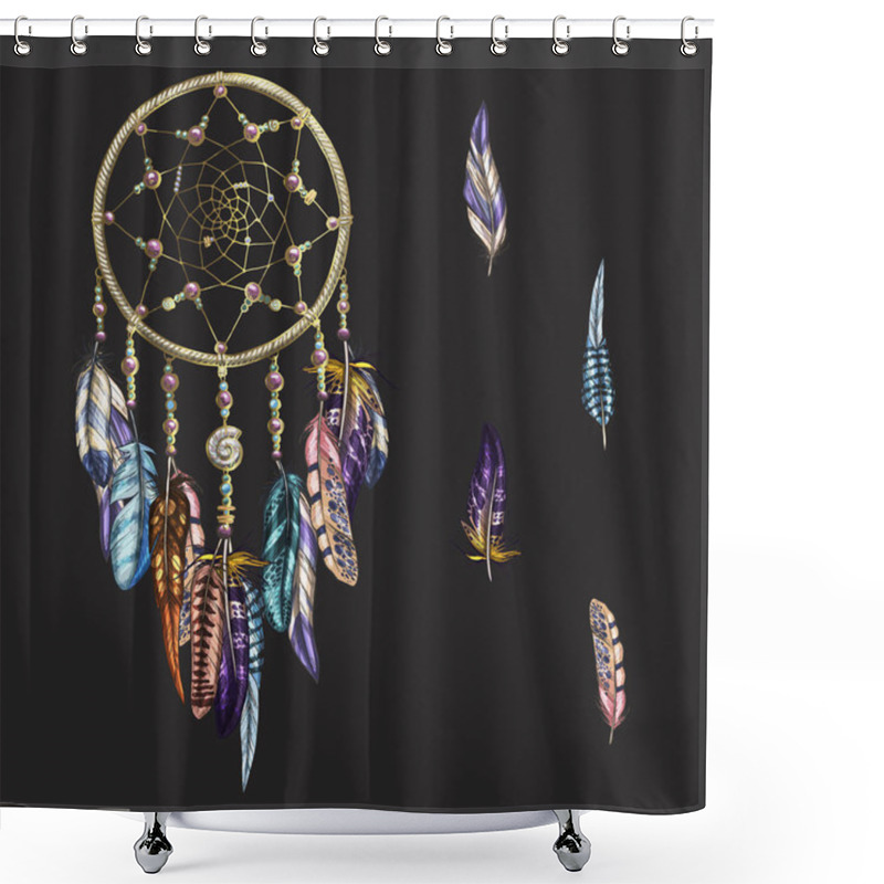 Personality  Luxury Ornate Dreamcatcher With Feathers And Gemstones Isolated On A Black Background. Astrology, Spirituality, Magic Symbol. Ethnic Tribal Element. Vector Illustration Shower Curtains