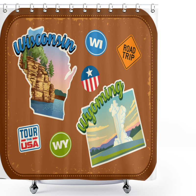 Personality  Wisconsin, Wyoming Travel Stickers With Scenic Attractions And Retro Text On Vintage Suitcase Background Shower Curtains