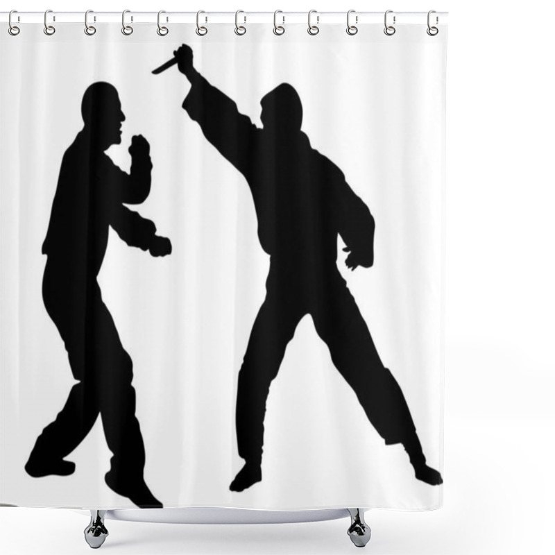 Personality  Self Defense Battle Vector Silhouette. Man Fighting Against Aggressor With Knife. Krav Maga Demonstration In Real Situation. Combat For Life Against Terrorist. Army Skill In Action. Policeman Arrest. Shower Curtains