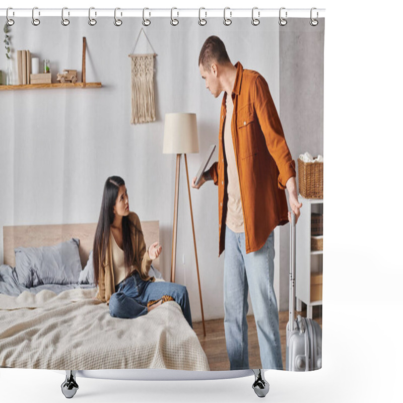 Personality  Man With Suitcase And Laptop Quarrelling With Frustrated Asian Wife In Bedroom, Divorce Concept Shower Curtains