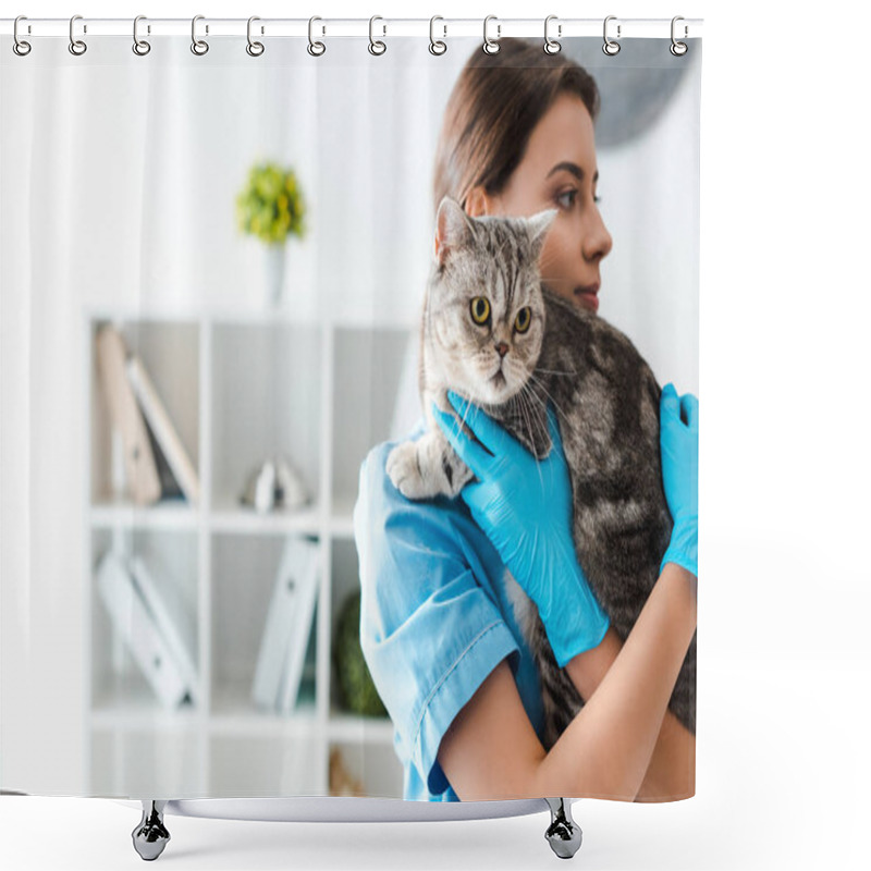 Personality  Young Veterinarian Holding Tabby Scottish Straight Cat On Hands Shower Curtains