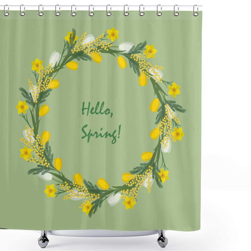 Personality  Floral Round Frame From Spring Flowers. Yellow And White Flowers Of Tulips, Daffodils And Mimosa On A Green Background. There Is Text 