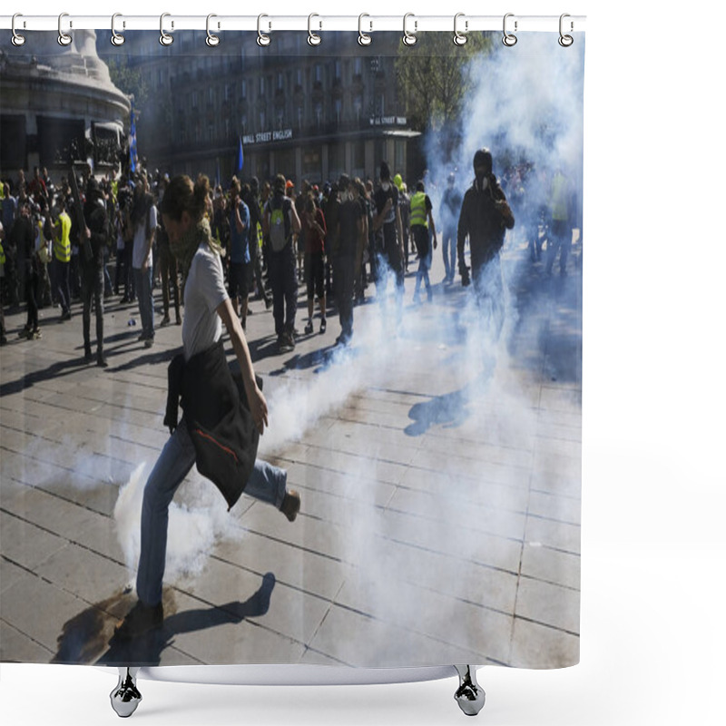 Personality  French Riot Police Clash With French Yellow Vests Protesters During A Demonstration Called By The Yellow Vest Movement Against The Policy Of Emmanuel Macron  In Paris, France On Apr. 20, 2019 Shower Curtains