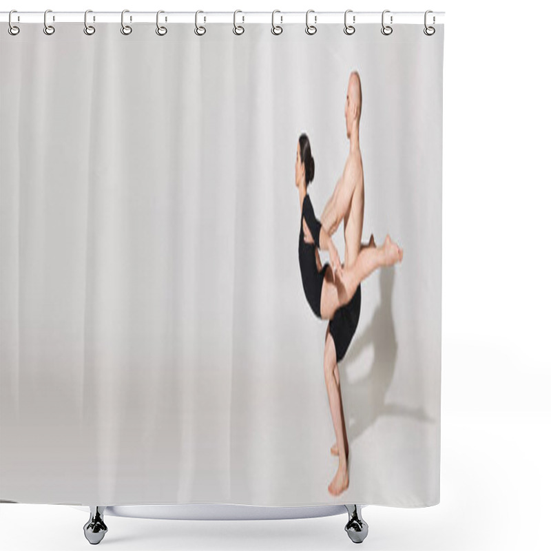 Personality  A Shirtless Young Man And A Woman Dance Together, Performing Acrobatic Moves In A Studio Against A White Background. Shower Curtains