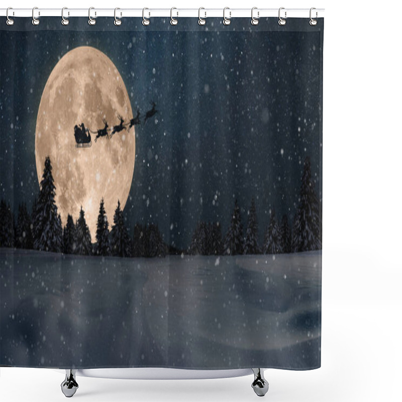 Personality  Santa Claus In A Sleigh With Reindeer Flies Over The Earth In The Night Starry Sky With An Amazing Big Moon With Snow. Magic And Happy New Year 2024, Concept. Night Forest With Snow Field Shower Curtains