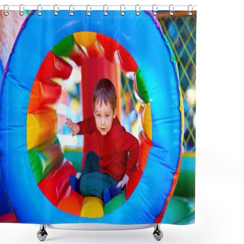 Personality  Cute Happy Kid, Boy Playing In Inflatable Attraction On Playground Shower Curtains