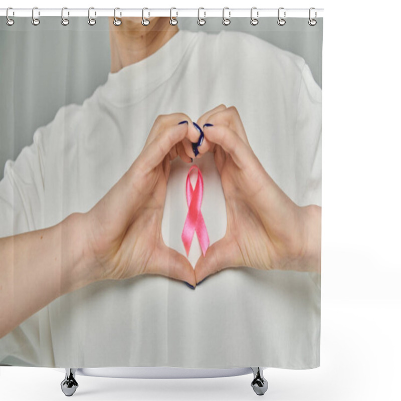 Personality  Short-haired Woman In White Shirt Forms Heart With Hands, Emphasizing Pink Ribbon For Breast Cancer Awareness Shower Curtains