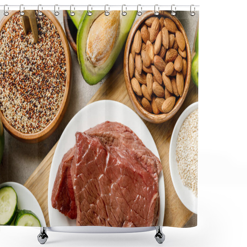 Personality  Top View Of Fresh Raw Meat On White Plate Near Nuts, Groats And Avocado, Ketogenic Diet Menu Shower Curtains