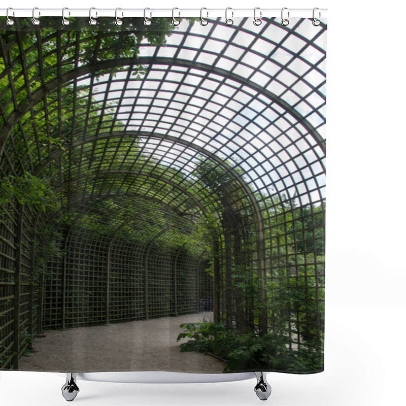 Personality  Wooden Pergola Like A Tunnel With Trees On A Side. Park In Versalles, France. Shower Curtains