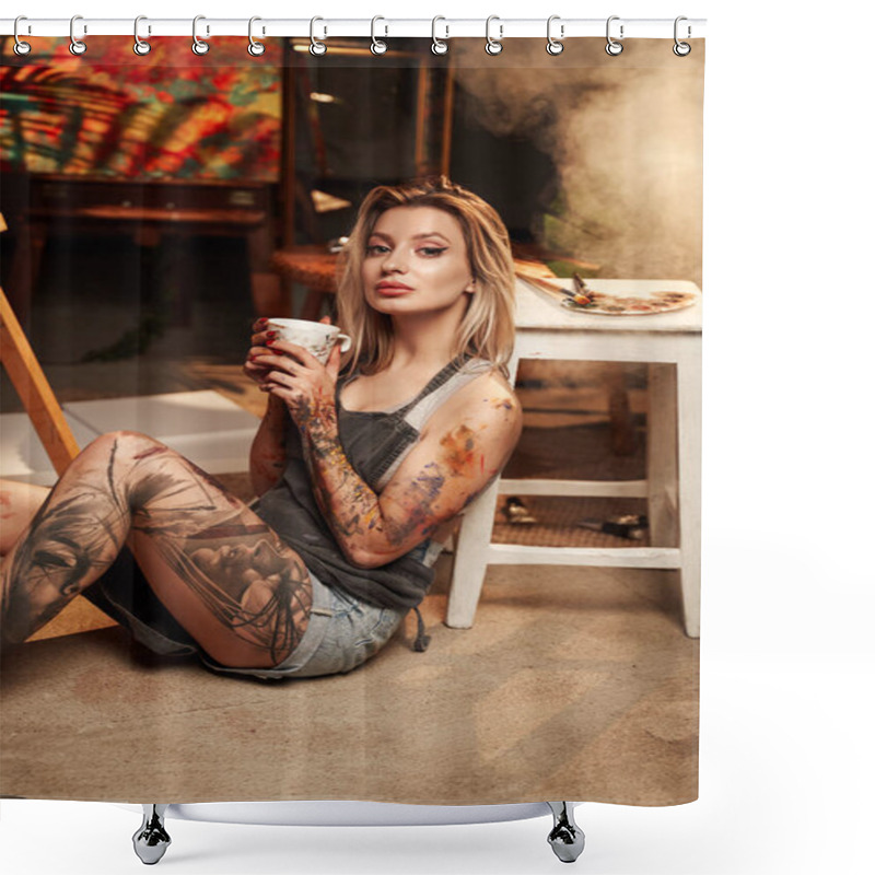 Personality  Charming Female Painter With Apron And Coffee Cup In Dark Room Shower Curtains