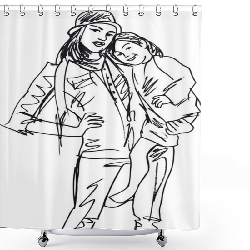 Personality  Sketch Of Little Girl Having Fun With Her Beautiful Mother. Vect Shower Curtains