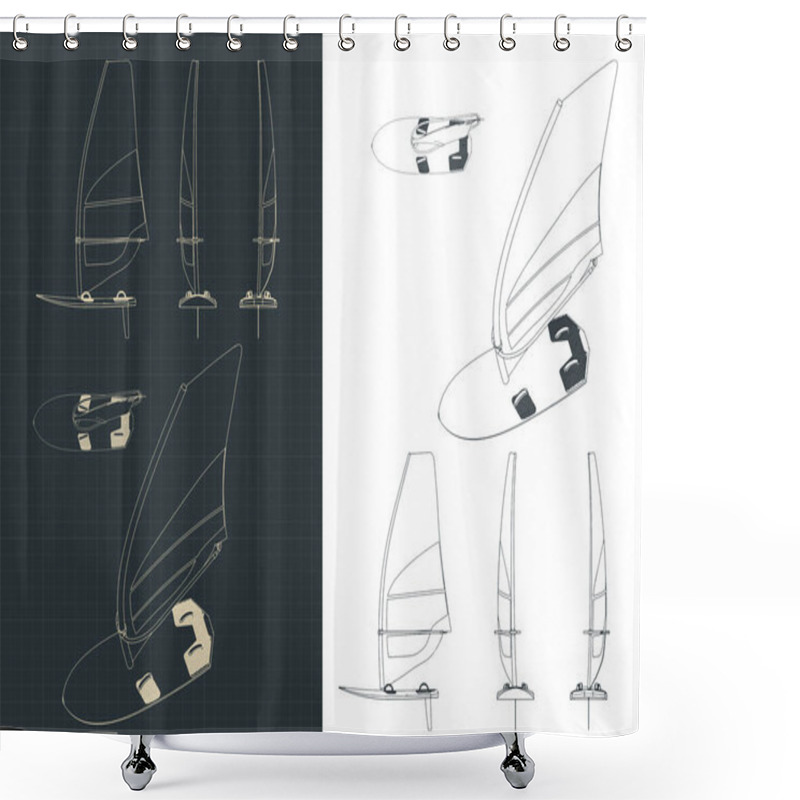 Personality  Stylized Vector Illustration On The Theme Of Windsurfing. Windsurf Drawings Set Shower Curtains